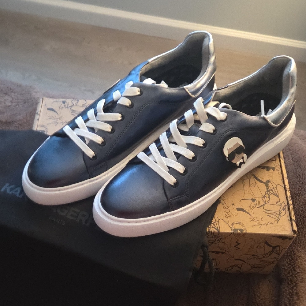 Karl Lagerfeld Paris Blue Metal Leather Sneakers